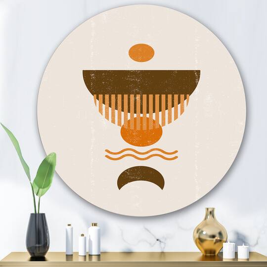 Designart - Abstract Minimal Orange Sun and Brown Moon - Modern Metal Circle Wall Art